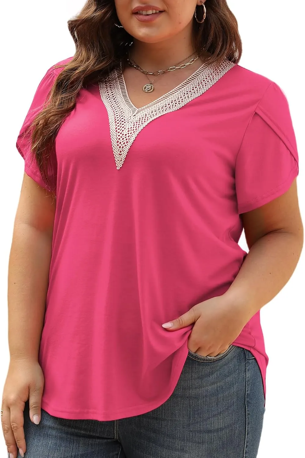 Plus-Size-Womens-Summer-Tops 2024 Lace Trim V Neck T Shirts Petal Short Sleeve Tunics Trendy Going Out Blouses XL-5XL