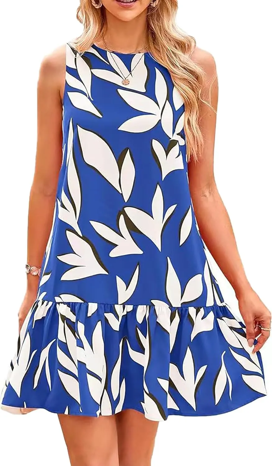 Pluto & Fox Women's Summer Casual Sundresses Sleeveless Crew Neck Flowy Ruffle A-Line Tank Mini Dress