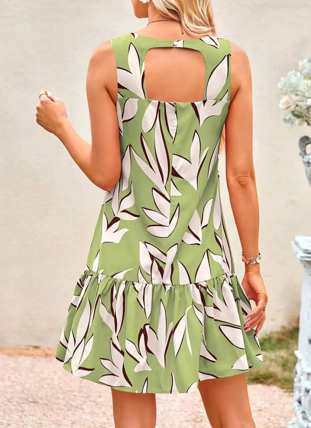Pluto & Fox Women's Summer Casual Sundresses Sleeveless Crew Neck Flowy Ruffle A-Line Tank Mini Dress