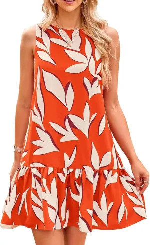 Pluto & Fox Women's Summer Casual Sundresses Sleeveless Crew Neck Flowy Ruffle A-Line Tank Mini Dress