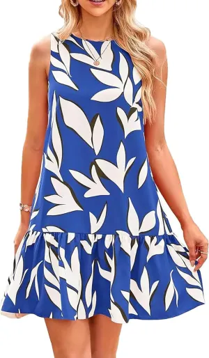 Pluto & Fox Women's Summer Casual Sundresses Sleeveless Crew Neck Flowy Ruffle A-Line Tank Mini Dress