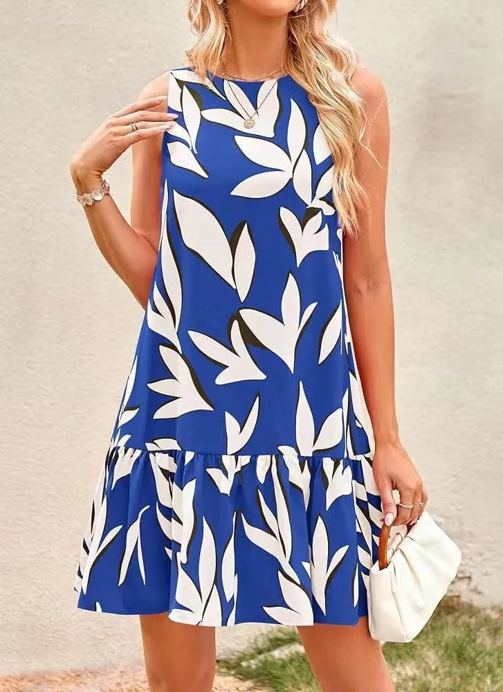 Pluto & Fox Women's Summer Casual Sundresses Sleeveless Crew Neck Flowy Ruffle A-Line Tank Mini Dress