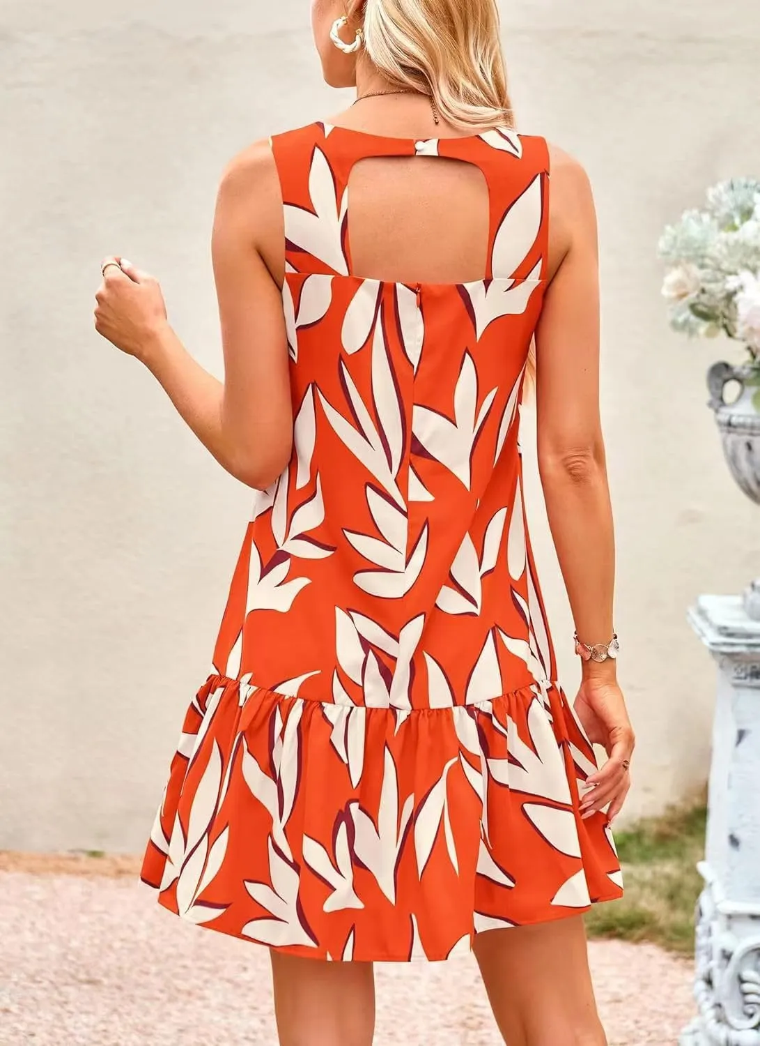 Pluto & Fox Women's Summer Casual Sundresses Sleeveless Crew Neck Flowy Ruffle A-Line Tank Mini Dress