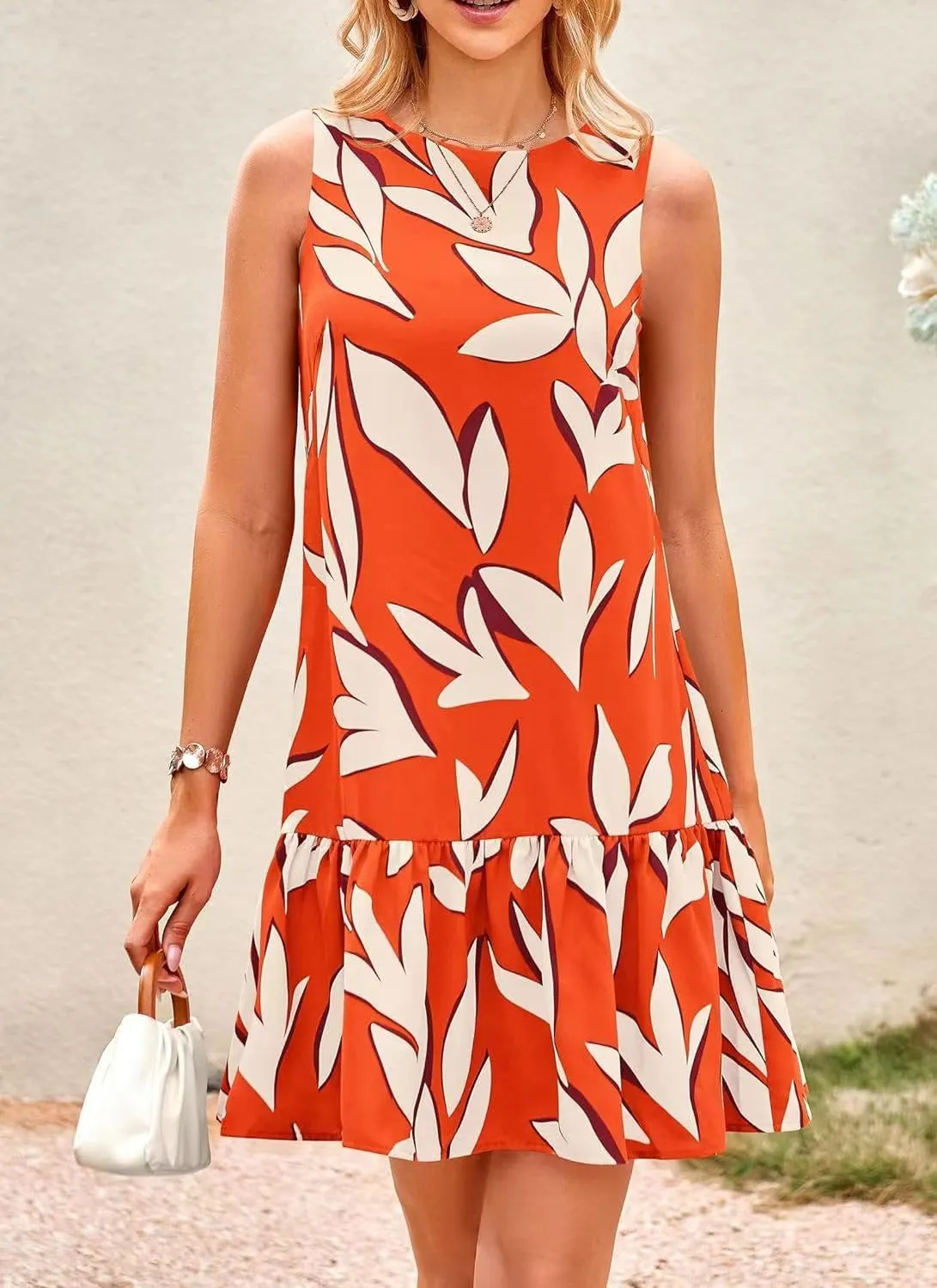 Pluto & Fox Women's Summer Casual Sundresses Sleeveless Crew Neck Flowy Ruffle A-Line Tank Mini Dress