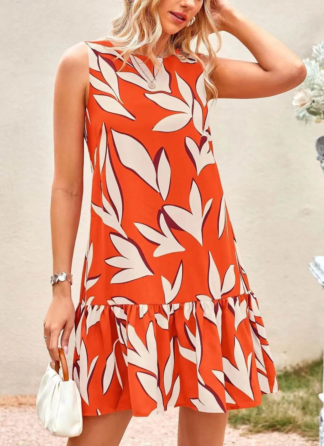 Pluto & Fox Women's Summer Casual Sundresses Sleeveless Crew Neck Flowy Ruffle A-Line Tank Mini Dress