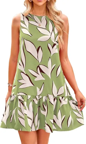 Pluto & Fox Women's Summer Casual Sundresses Sleeveless Crew Neck Flowy Ruffle A-Line Tank Mini Dress