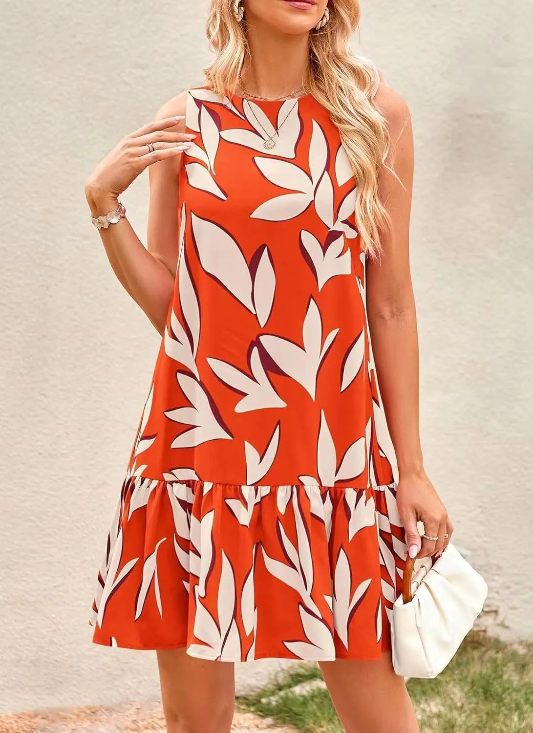 Pluto & Fox Women's Summer Casual Sundresses Sleeveless Crew Neck Flowy Ruffle A-Line Tank Mini Dress