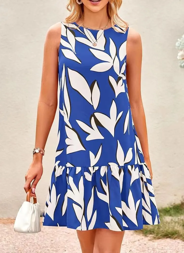 Pluto & Fox Women's Summer Casual Sundresses Sleeveless Crew Neck Flowy Ruffle A-Line Tank Mini Dress