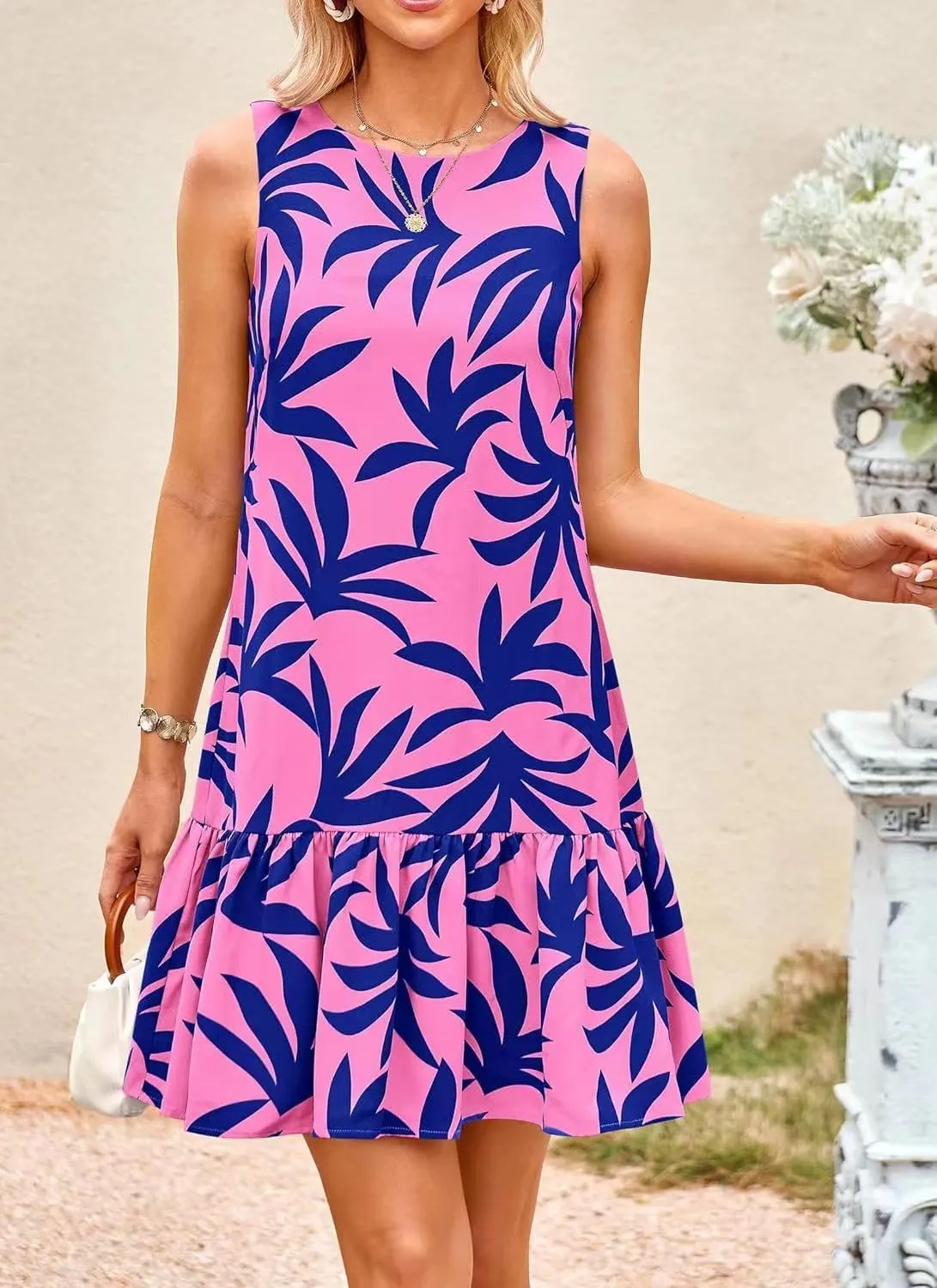 Pluto & Fox Women's Summer Casual Sundresses Sleeveless Crew Neck Flowy Ruffle A-Line Tank Mini Dress