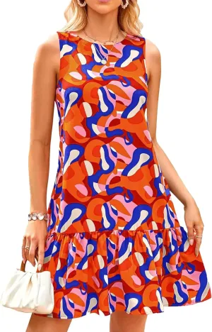 Pluto & Fox Women's Summer Casual Sundresses Sleeveless Crew Neck Flowy Ruffle A-Line Tank Mini Dress