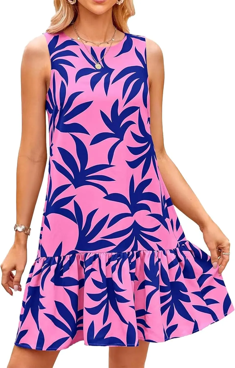 Pluto & Fox Women's Summer Casual Sundresses Sleeveless Crew Neck Flowy Ruffle A-Line Tank Mini Dress