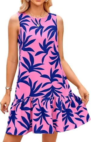 Pluto & Fox Women's Summer Casual Sundresses Sleeveless Crew Neck Flowy Ruffle A-Line Tank Mini Dress