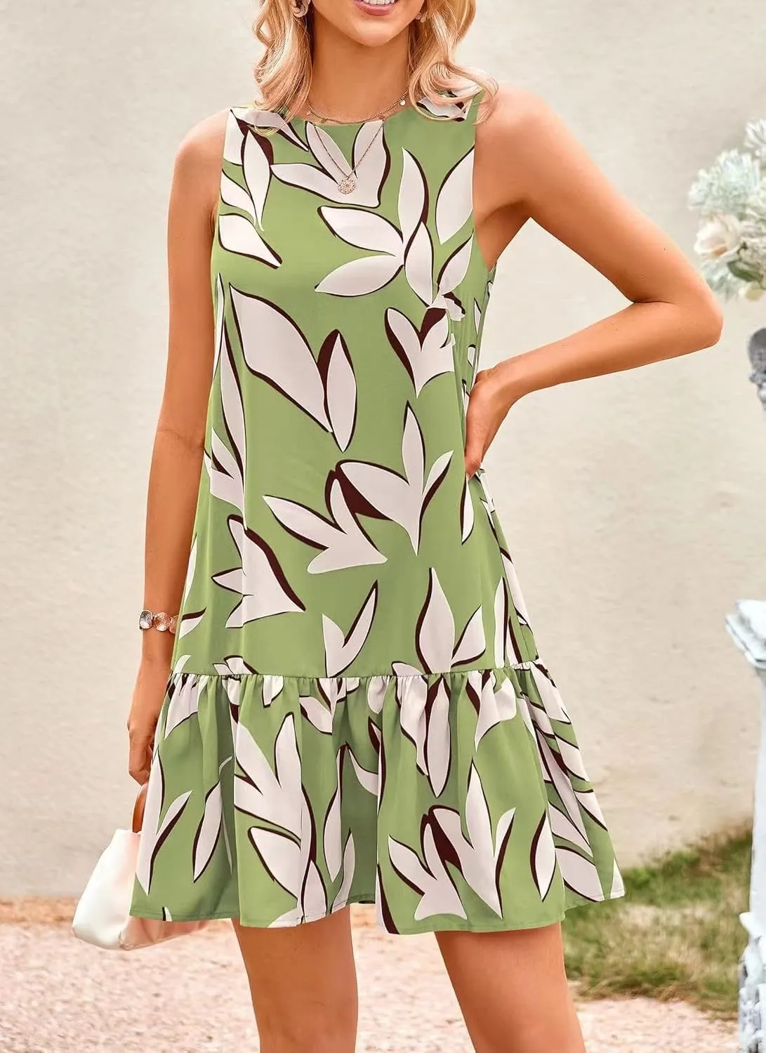 Pluto & Fox Women's Summer Casual Sundresses Sleeveless Crew Neck Flowy Ruffle A-Line Tank Mini Dress