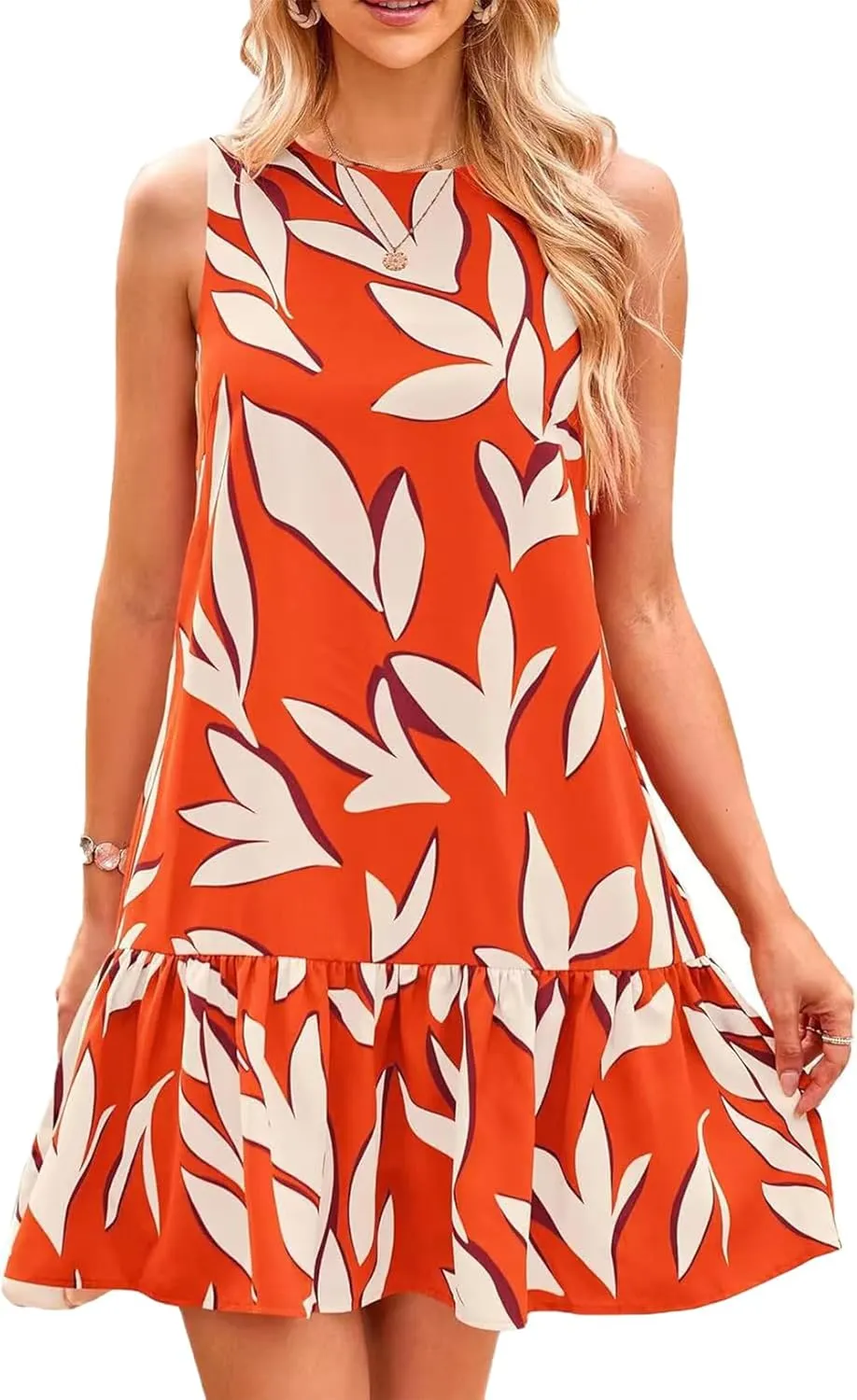 Pluto & Fox Women's Summer Casual Sundresses Sleeveless Crew Neck Flowy Ruffle A-Line Tank Mini Dress