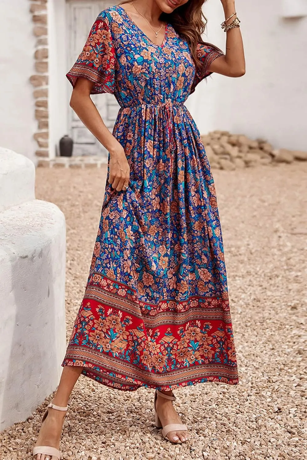 PRETTYGARDEN Women's Summer Boho Floral Dress Casual Beach Vacation Sundress V Neck Short Sleeve Long Maxi Dresses