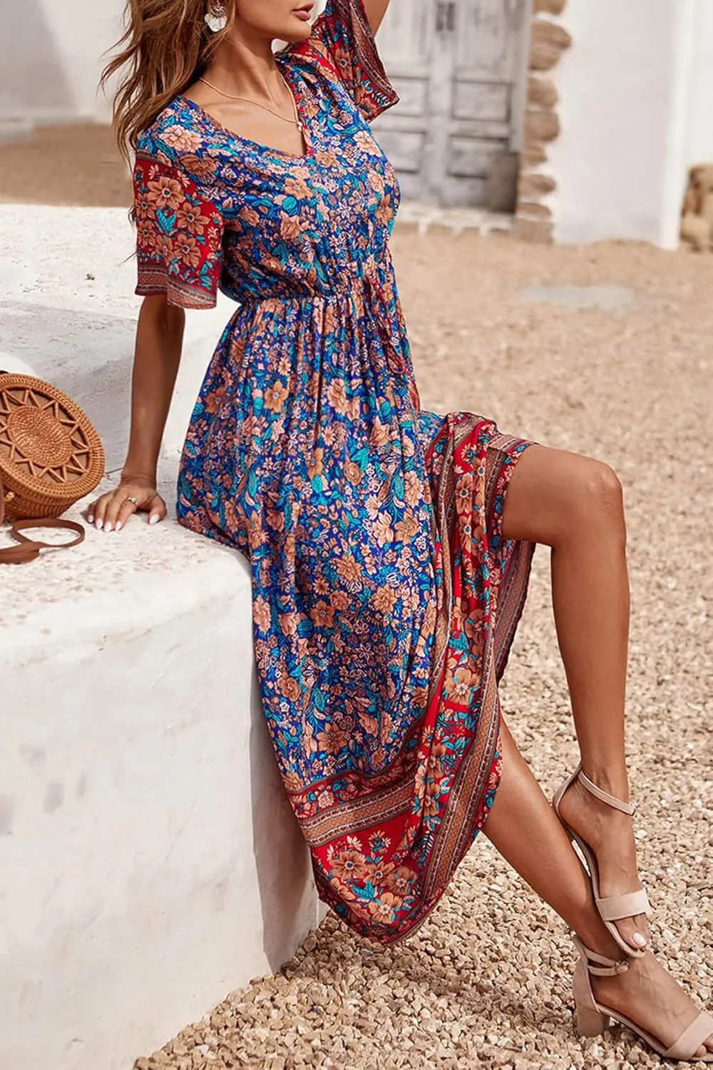 PRETTYGARDEN Women's Summer Boho Floral Dress Casual Beach Vacation Sundress V Neck Short Sleeve Long Maxi Dresses