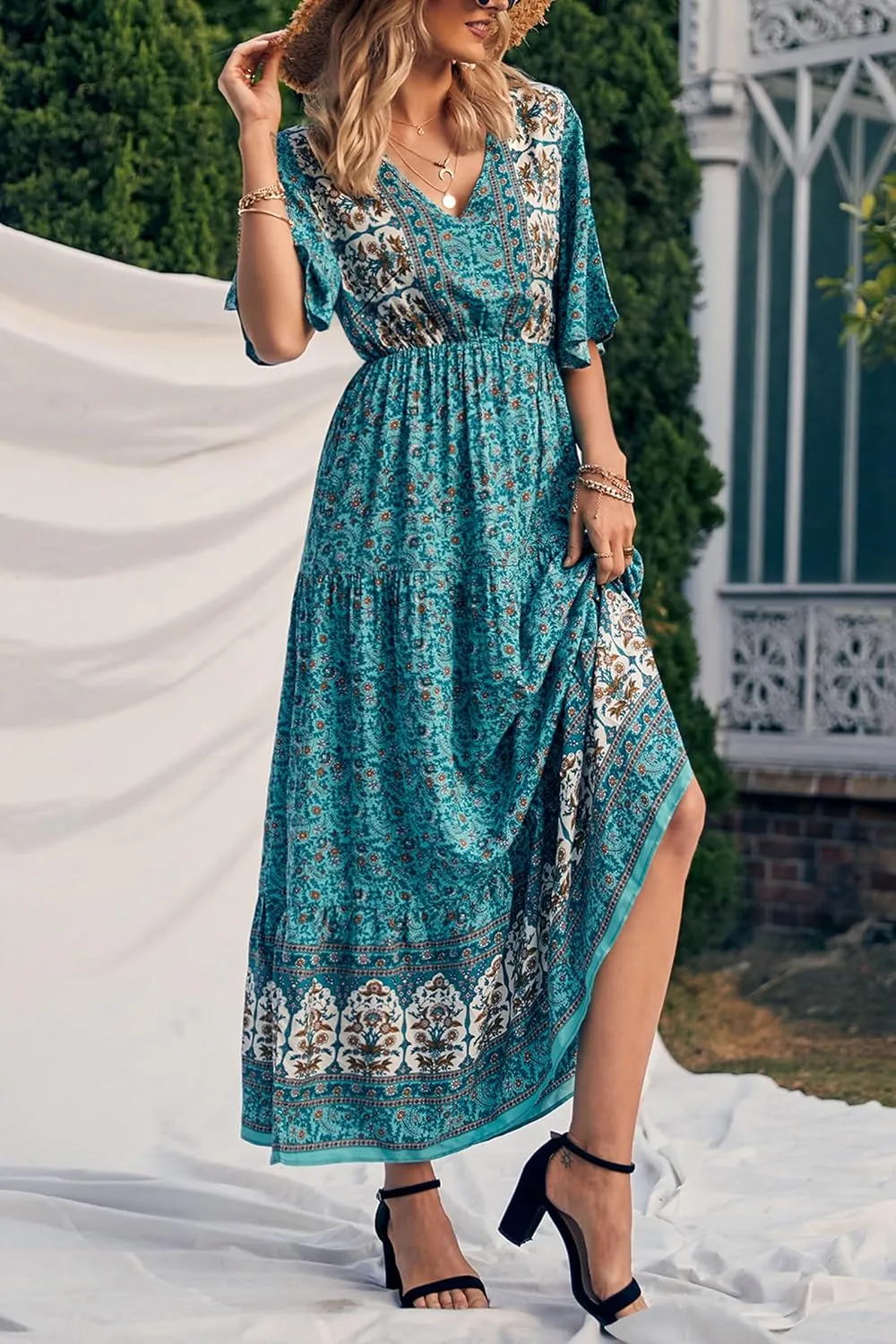 PRETTYGARDEN Women's Summer Boho Floral Dress Casual Beach Vacation Sundress V Neck Short Sleeve Long Maxi Dresses