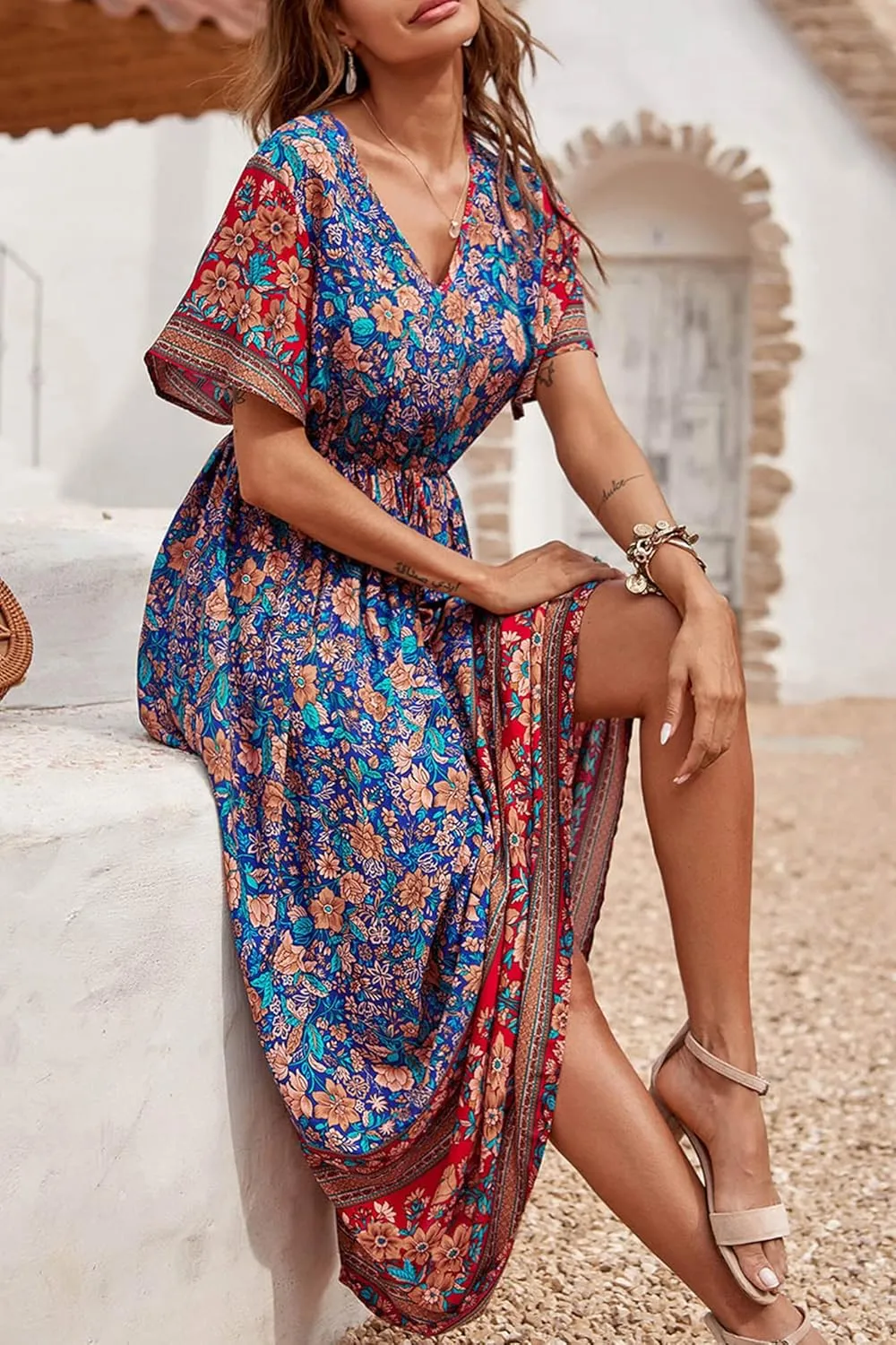 PRETTYGARDEN Women's Summer Boho Floral Dress Casual Beach Vacation Sundress V Neck Short Sleeve Long Maxi Dresses