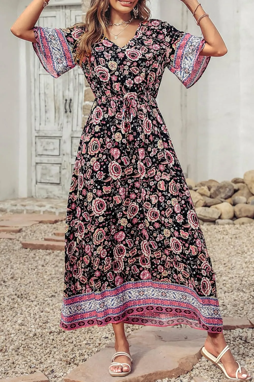 PRETTYGARDEN Women's Summer Boho Floral Dress Casual Beach Vacation Sundress V Neck Short Sleeve Long Maxi Dresses