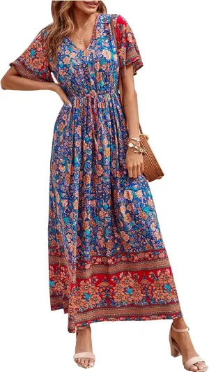 PRETTYGARDEN Women's Summer Boho Floral Dress Casual Beach Vacation Sundress V Neck Short Sleeve Long Maxi Dresses
