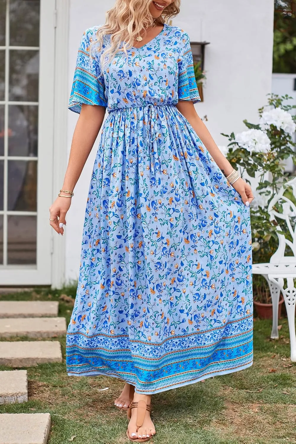 PRETTYGARDEN Women's Summer Boho Floral Dress Casual Beach Vacation Sundress V Neck Short Sleeve Long Maxi Dresses