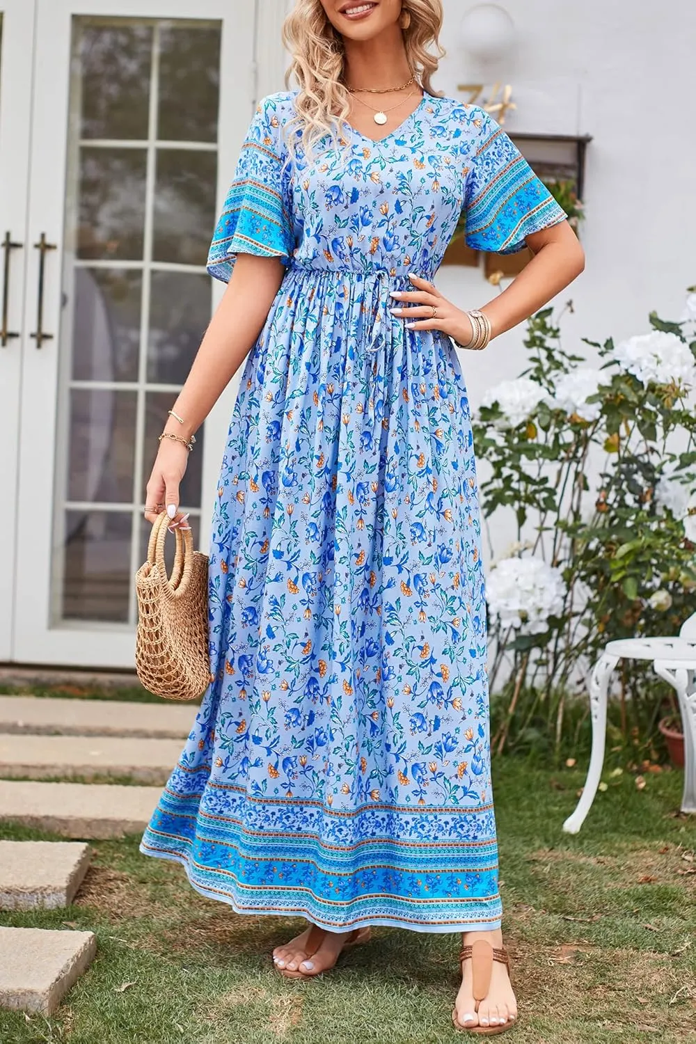 PRETTYGARDEN Women's Summer Boho Floral Dress Casual Beach Vacation Sundress V Neck Short Sleeve Long Maxi Dresses