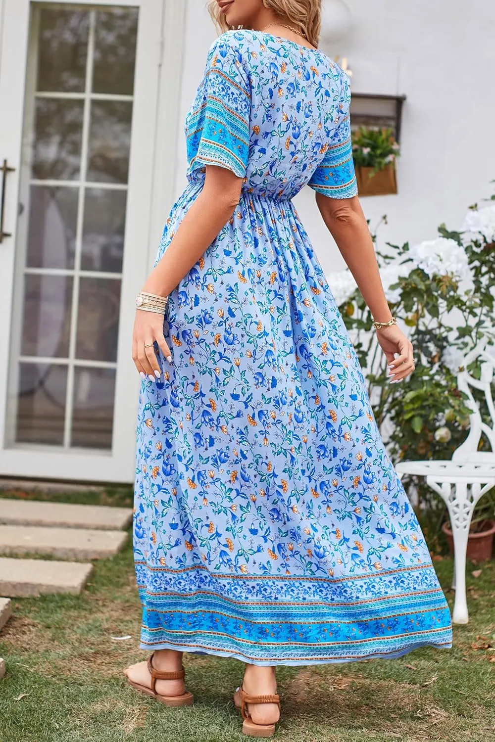 PRETTYGARDEN Women's Summer Boho Floral Dress Casual Beach Vacation Sundress V Neck Short Sleeve Long Maxi Dresses