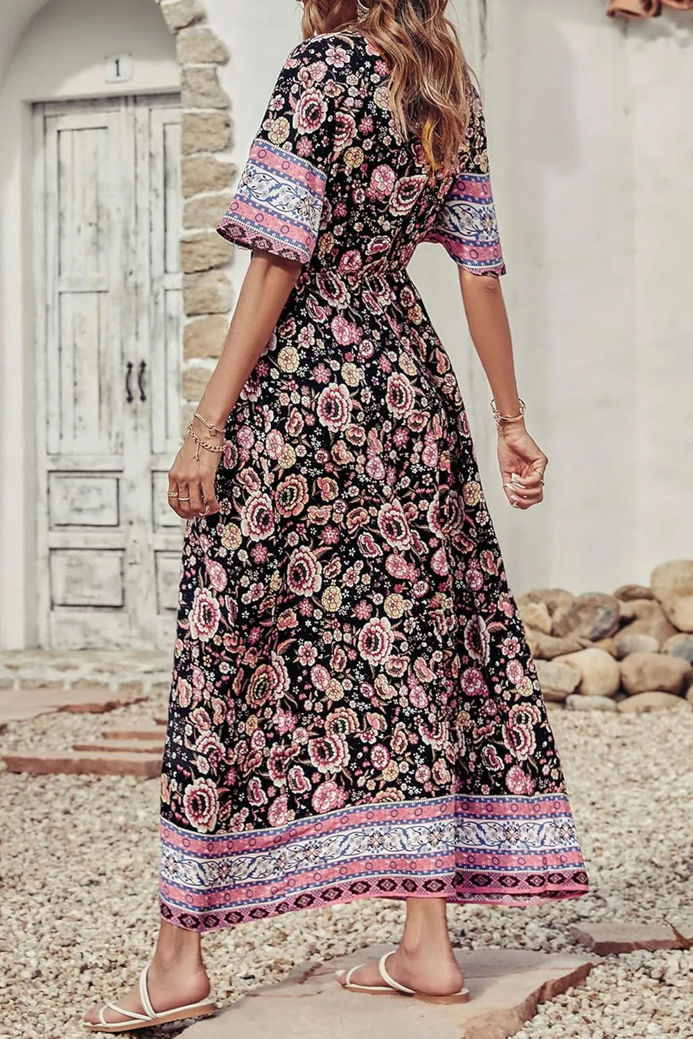 PRETTYGARDEN Women's Summer Boho Floral Dress Casual Beach Vacation Sundress V Neck Short Sleeve Long Maxi Dresses