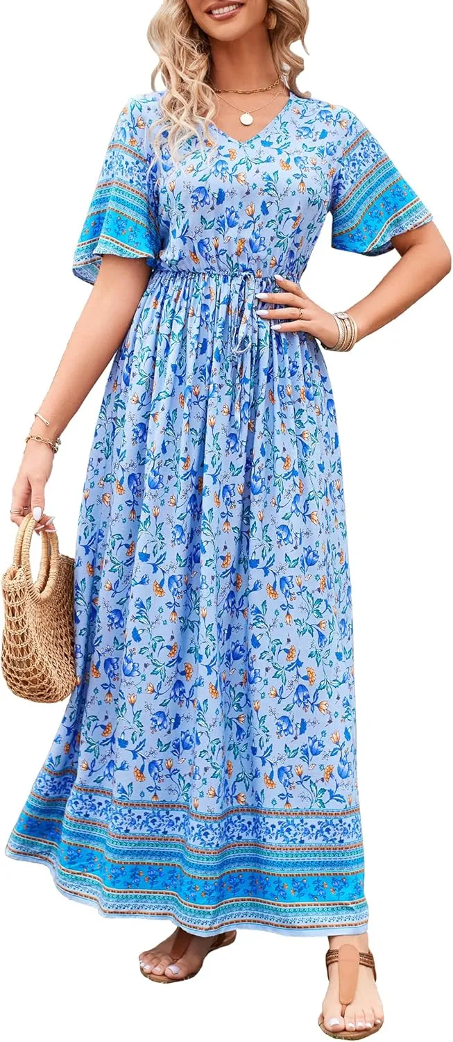 PRETTYGARDEN Women's Summer Boho Floral Dress Casual Beach Vacation Sundress V Neck Short Sleeve Long Maxi Dresses