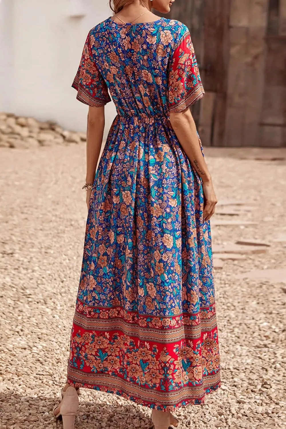 PRETTYGARDEN Women's Summer Boho Floral Dress Casual Beach Vacation Sundress V Neck Short Sleeve Long Maxi Dresses