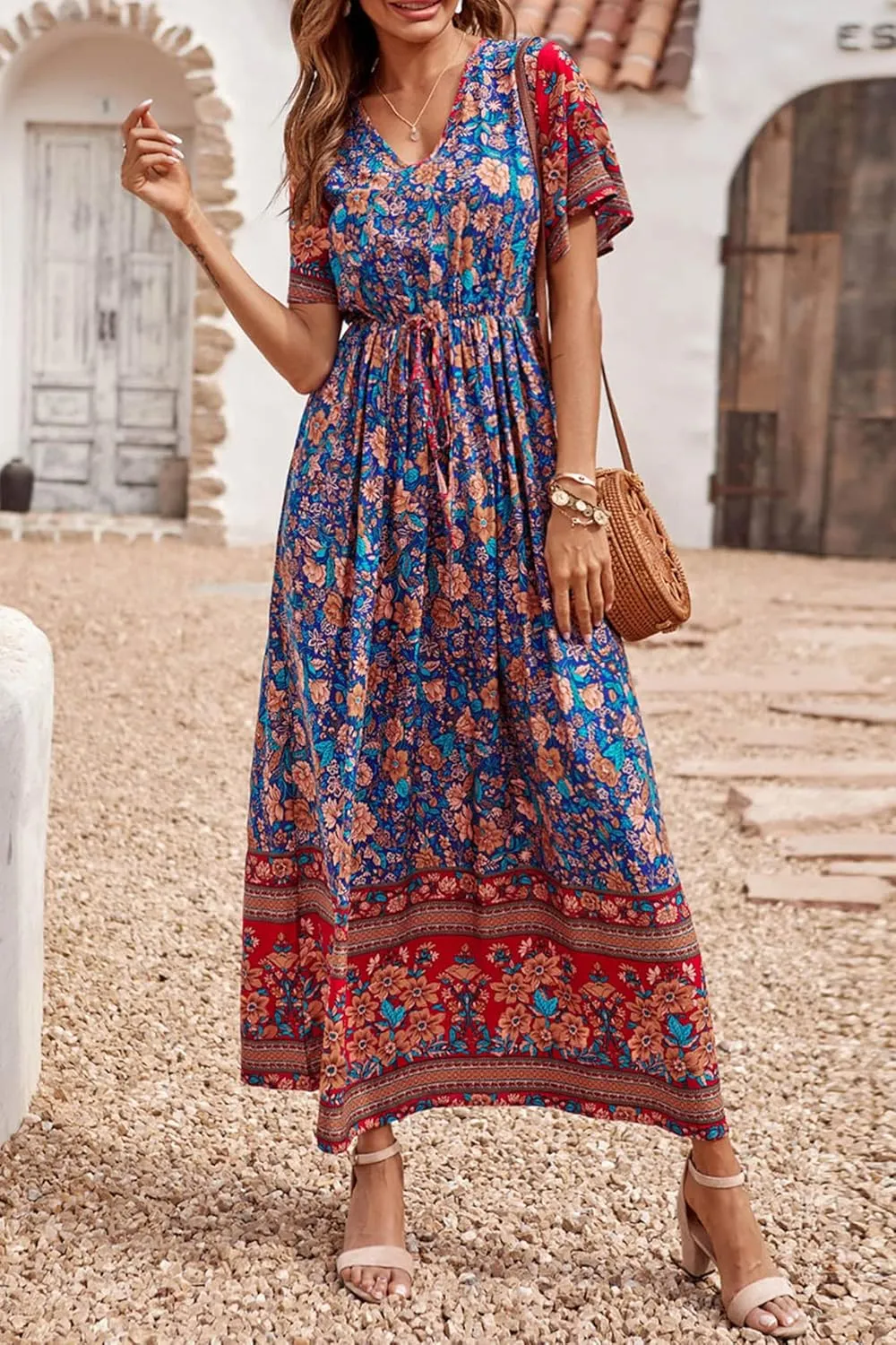 PRETTYGARDEN Women's Summer Boho Floral Dress Casual Beach Vacation Sundress V Neck Short Sleeve Long Maxi Dresses