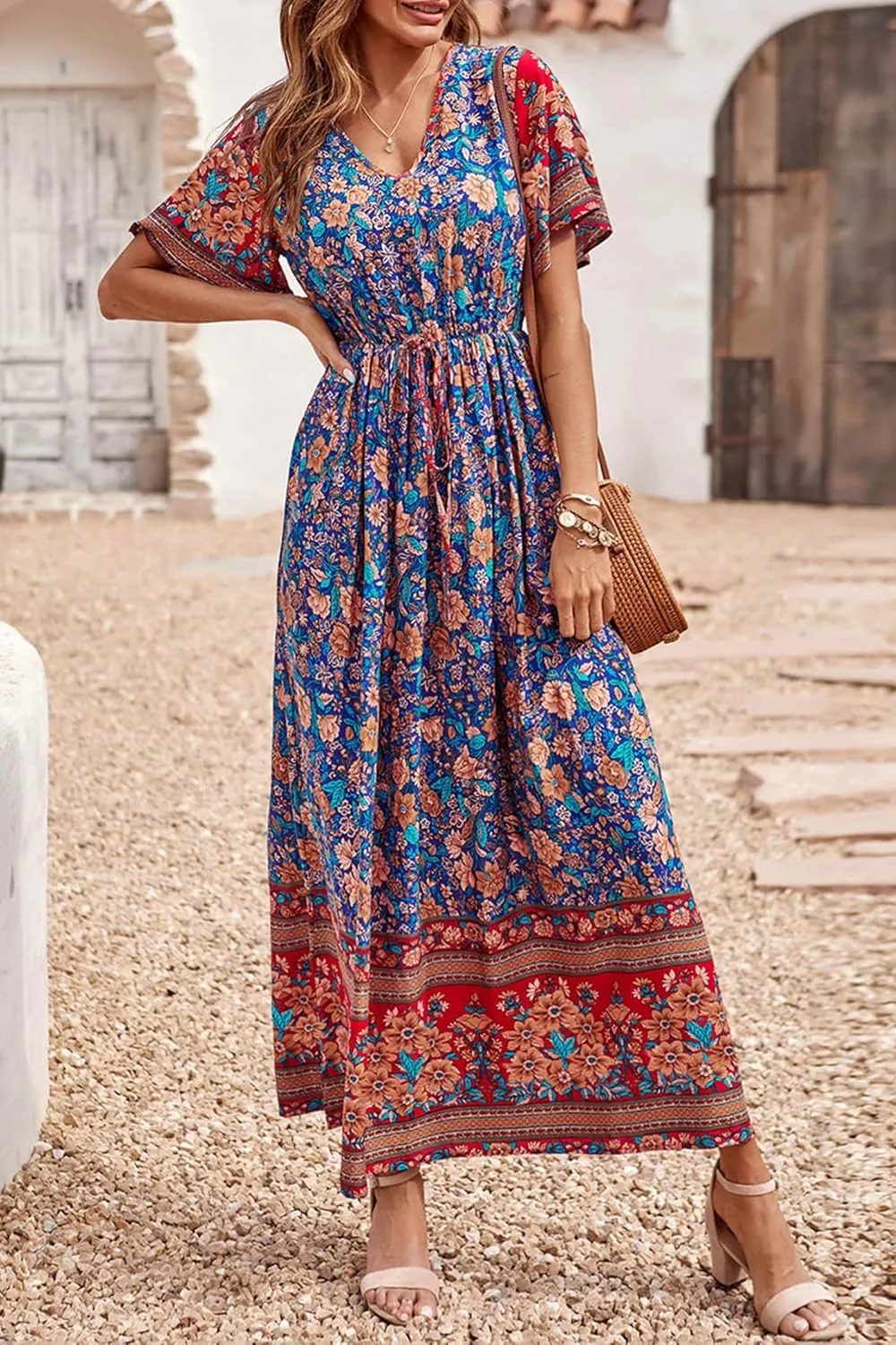 PRETTYGARDEN Women's Summer Boho Floral Dress Casual Beach Vacation Sundress V Neck Short Sleeve Long Maxi Dresses