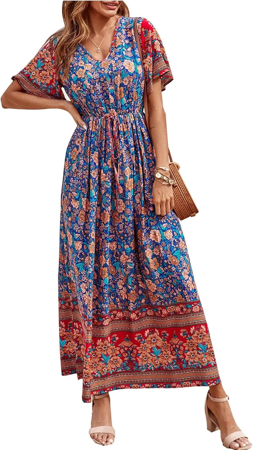 PRETTYGARDEN Women's Summer Boho Floral Dress Casual Beach Vacation Sundress V Neck Short Sleeve Long Maxi Dresses