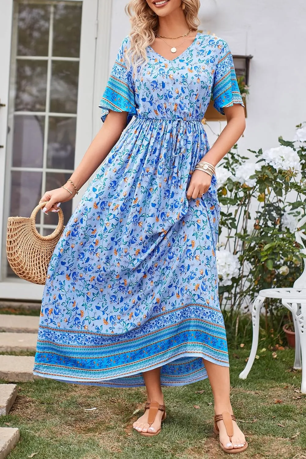 PRETTYGARDEN Women's Summer Boho Floral Dress Casual Beach Vacation Sundress V Neck Short Sleeve Long Maxi Dresses