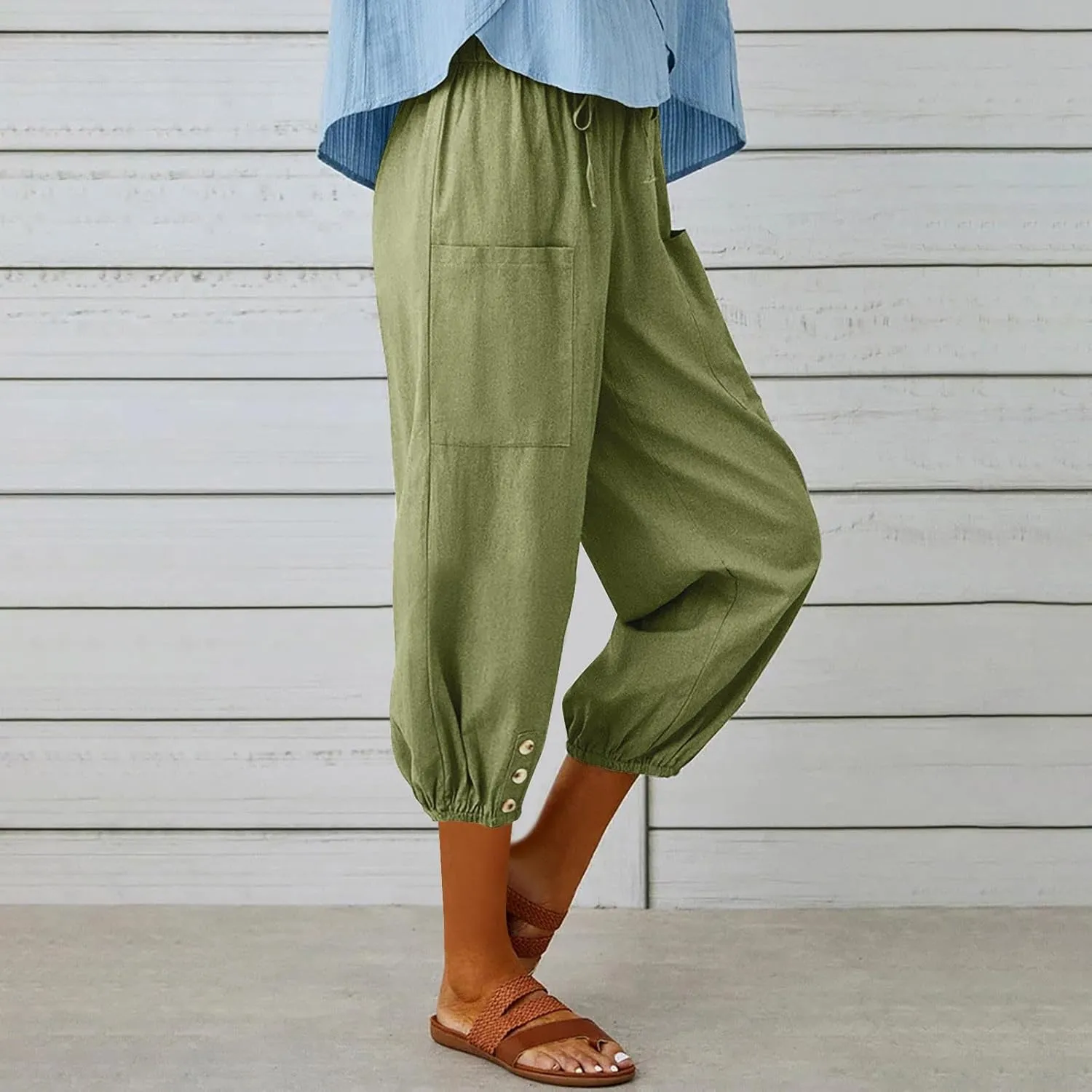 PTOLOCIF Linen Pants for Women,Lightweight Boho Pants Drawstring Elastic Waist Pants High Waisted Beach Palazzo Pants