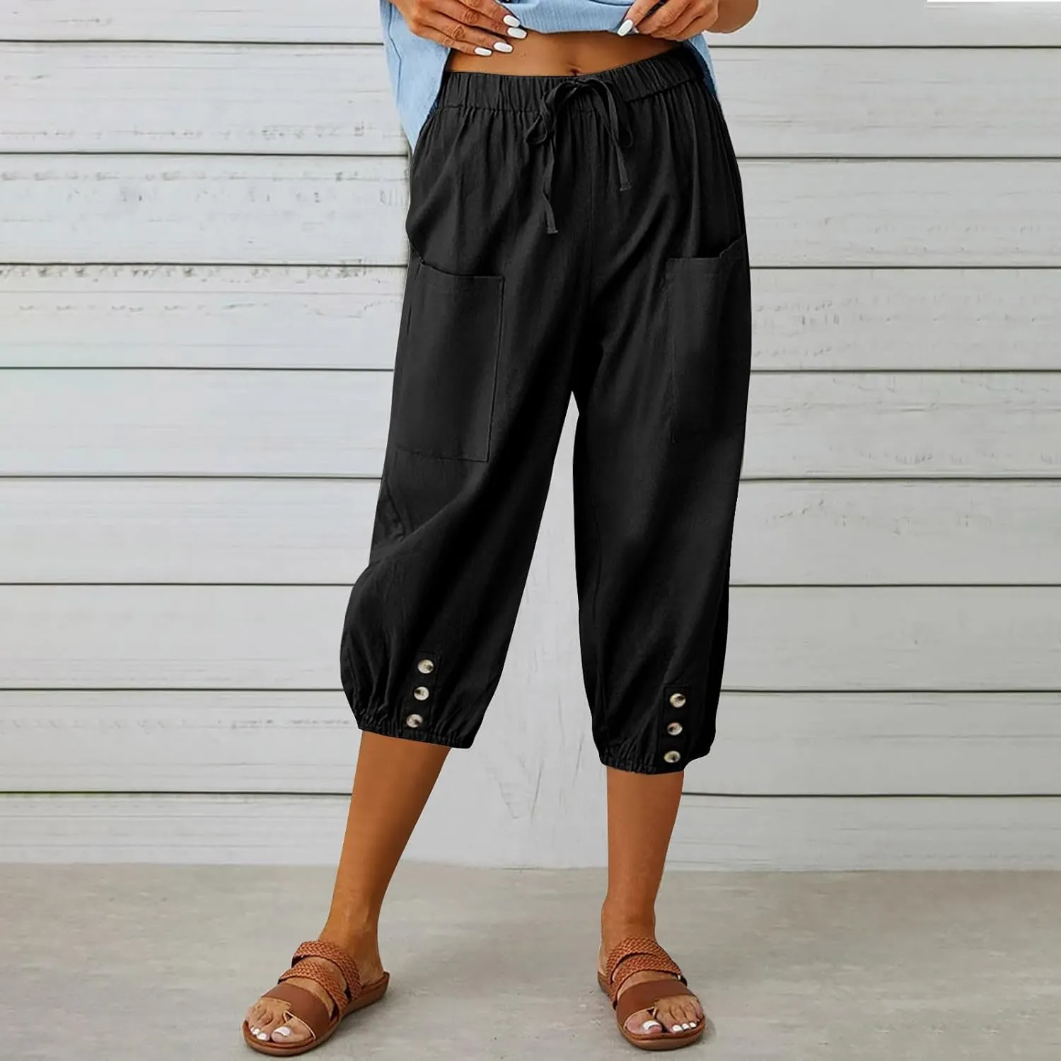 PTOLOCIF Linen Pants for Women,Lightweight Boho Pants Drawstring Elastic Waist Pants High Waisted Beach Palazzo Pants