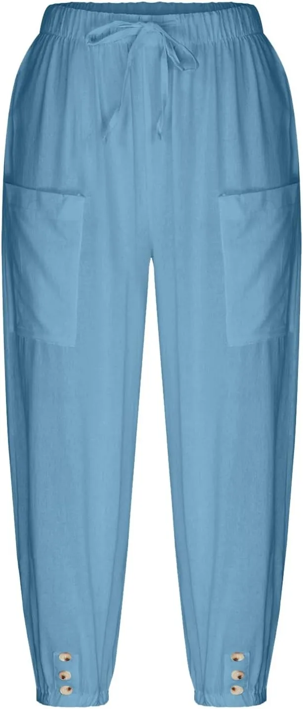 PTOLOCIF Linen Pants for Women,Lightweight Boho Pants Drawstring Elastic Waist Pants High Waisted Beach Palazzo Pants