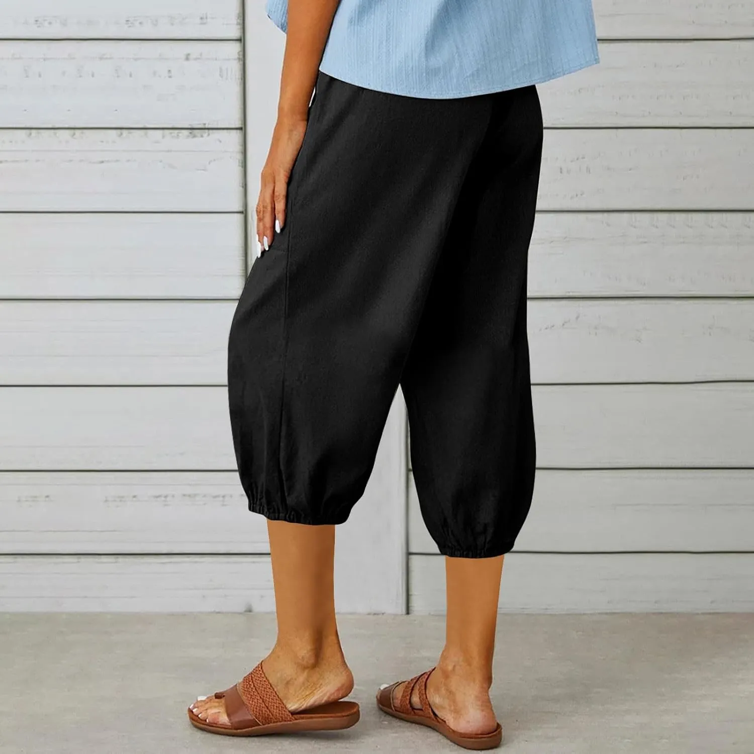 PTOLOCIF Linen Pants for Women,Lightweight Boho Pants Drawstring Elastic Waist Pants High Waisted Beach Palazzo Pants