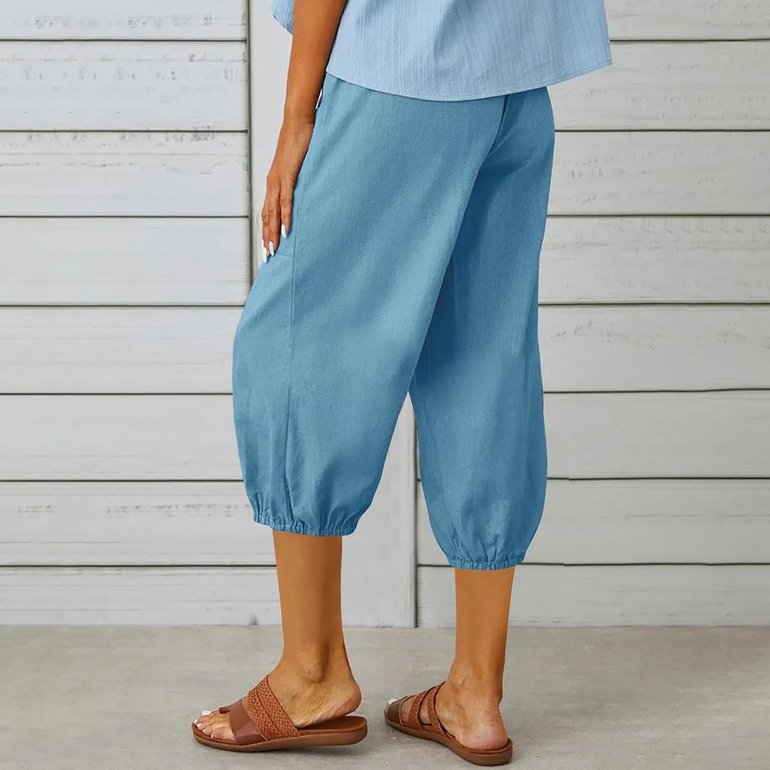PTOLOCIF Linen Pants for Women,Lightweight Boho Pants Drawstring Elastic Waist Pants High Waisted Beach Palazzo Pants