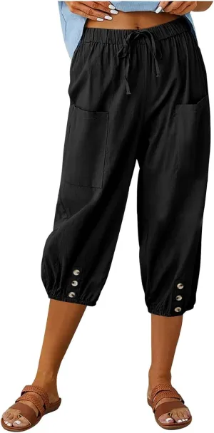 PTOLOCIF Linen Pants for Women,Lightweight Boho Pants Drawstring Elastic Waist Pants High Waisted Beach Palazzo Pants