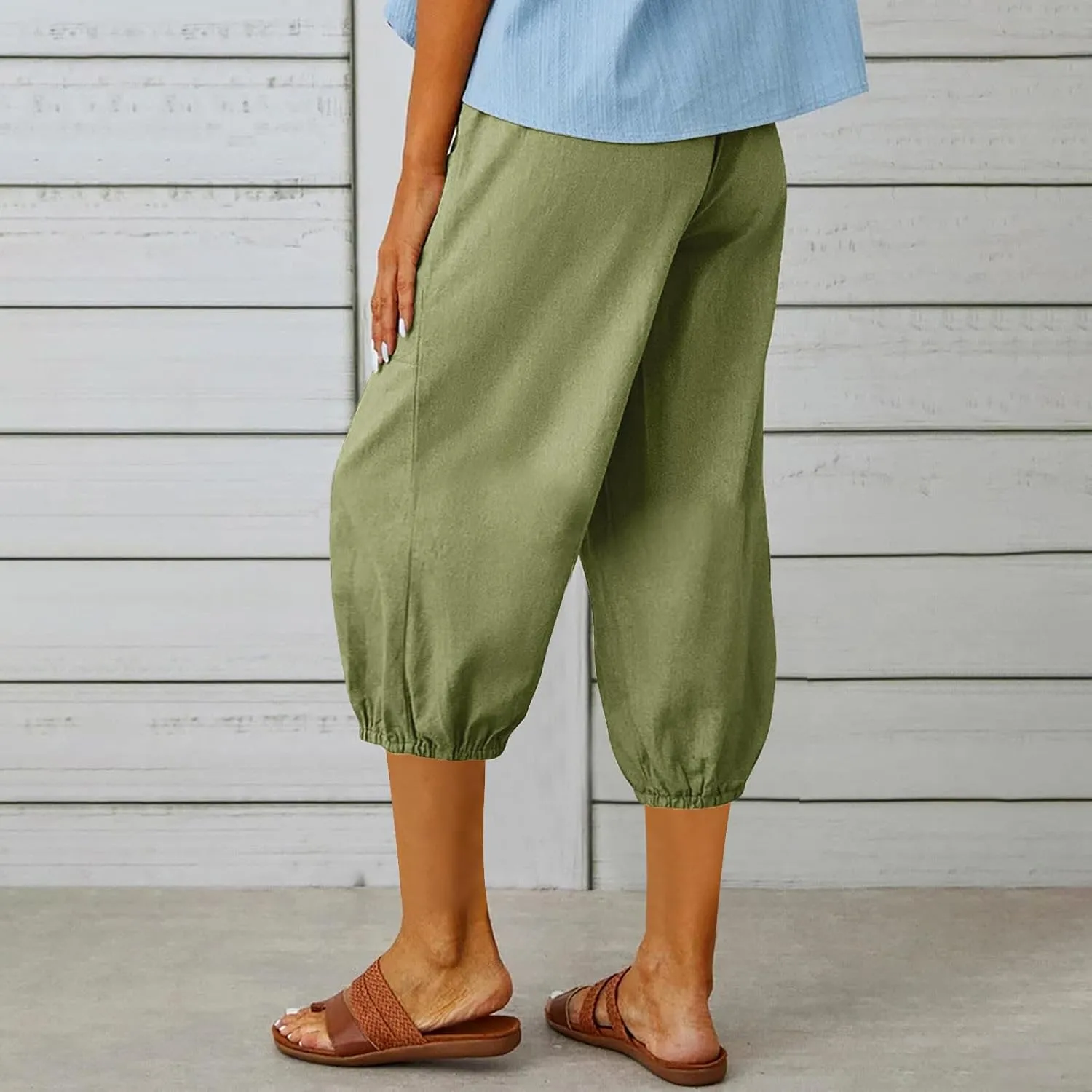 PTOLOCIF Linen Pants for Women,Lightweight Boho Pants Drawstring Elastic Waist Pants High Waisted Beach Palazzo Pants