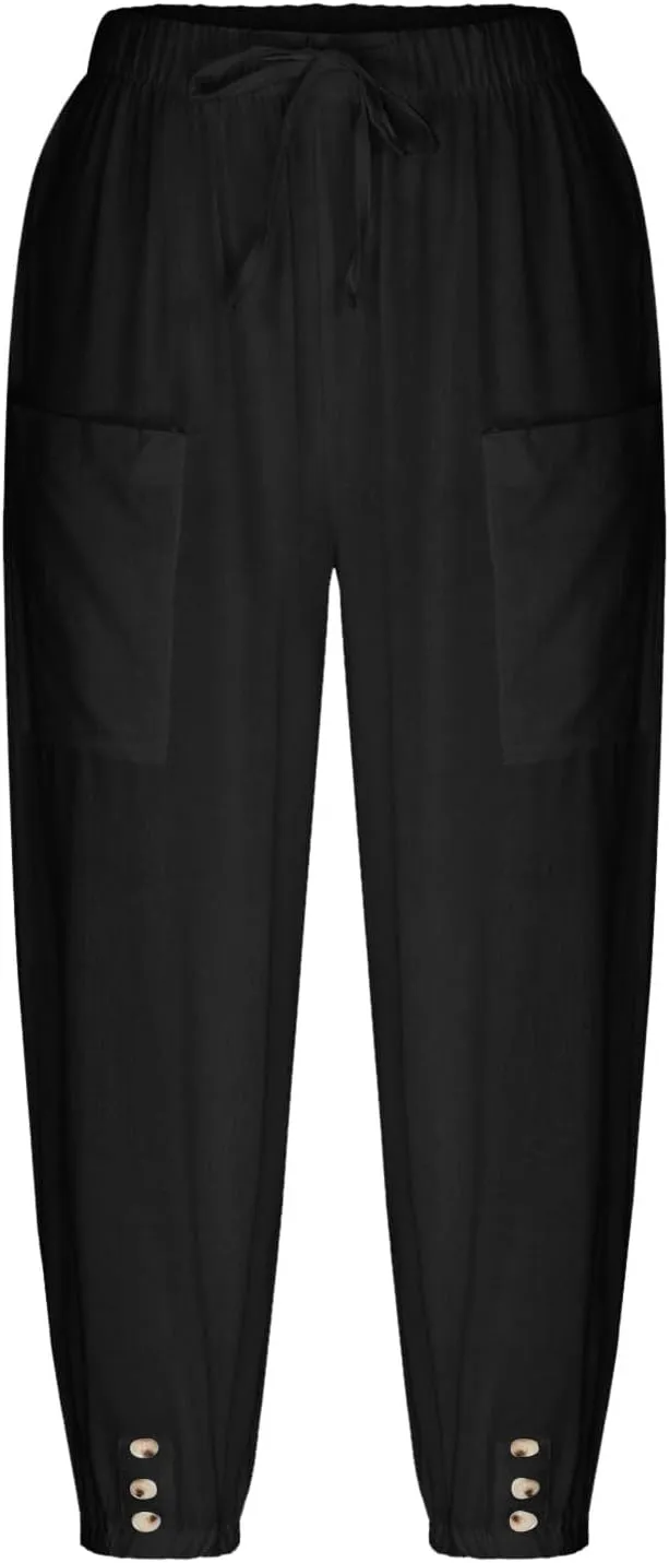 PTOLOCIF Linen Pants for Women,Lightweight Boho Pants Drawstring Elastic Waist Pants High Waisted Beach Palazzo Pants