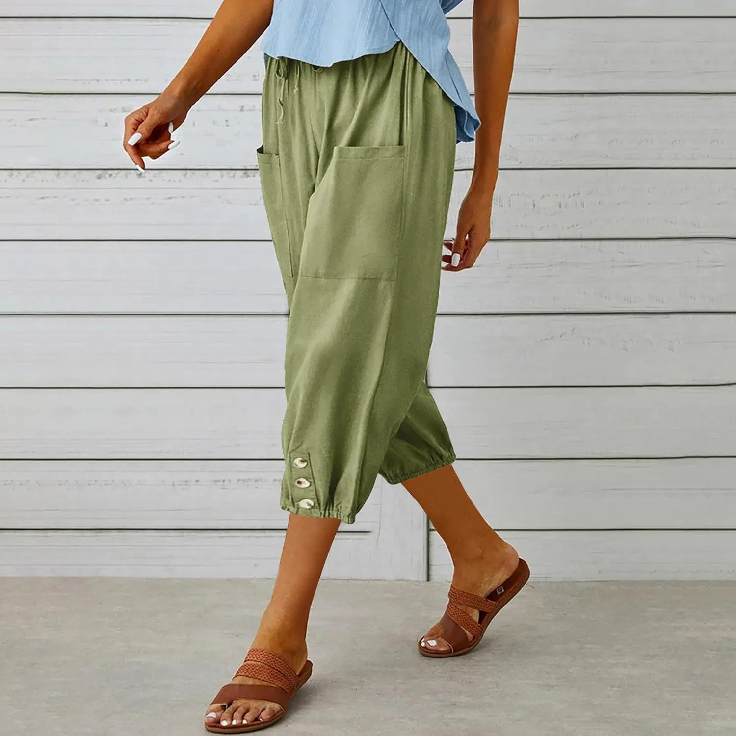 PTOLOCIF Linen Pants for Women,Lightweight Boho Pants Drawstring Elastic Waist Pants High Waisted Beach Palazzo Pants