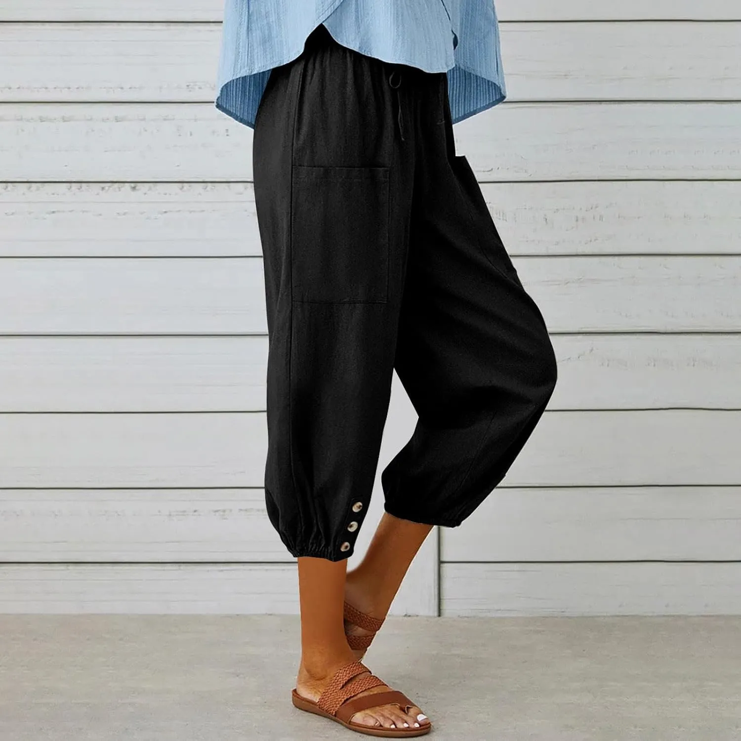 PTOLOCIF Linen Pants for Women,Lightweight Boho Pants Drawstring Elastic Waist Pants High Waisted Beach Palazzo Pants