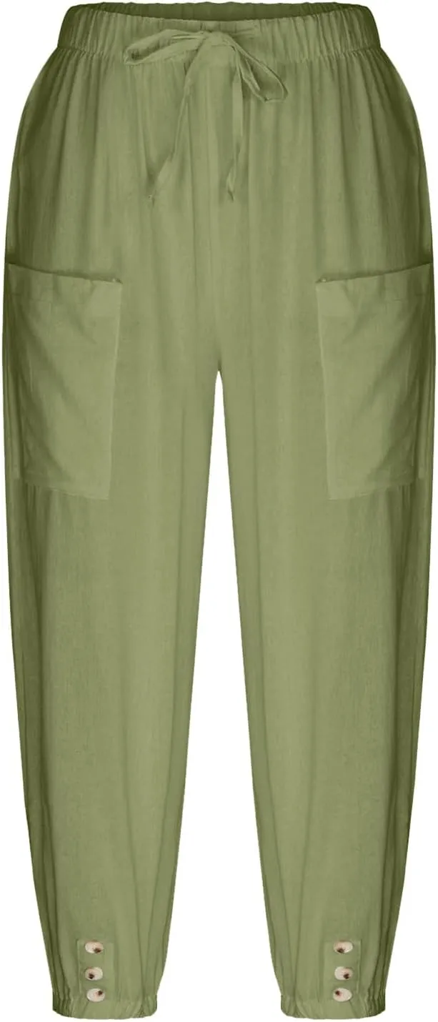 PTOLOCIF Linen Pants for Women,Lightweight Boho Pants Drawstring Elastic Waist Pants High Waisted Beach Palazzo Pants
