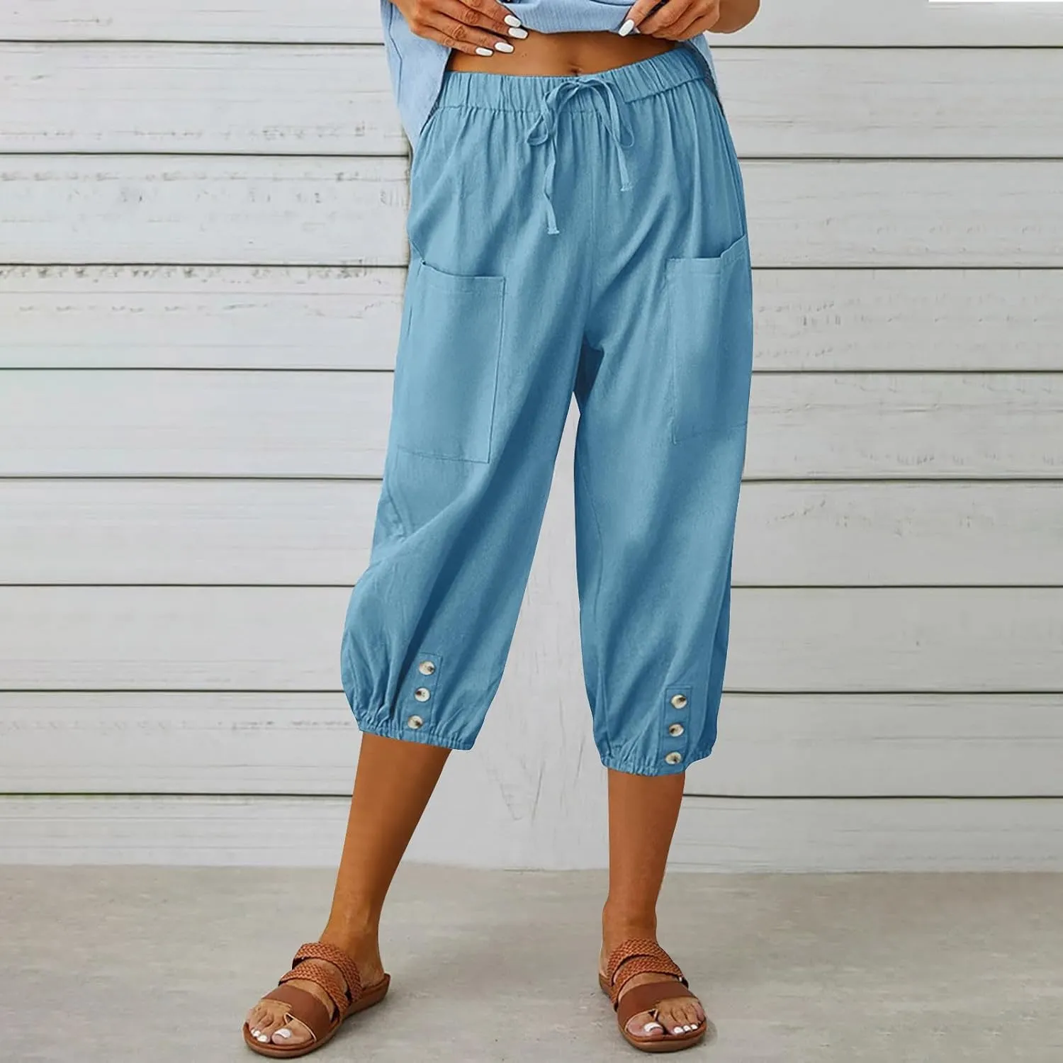 PTOLOCIF Linen Pants for Women,Lightweight Boho Pants Drawstring Elastic Waist Pants High Waisted Beach Palazzo Pants