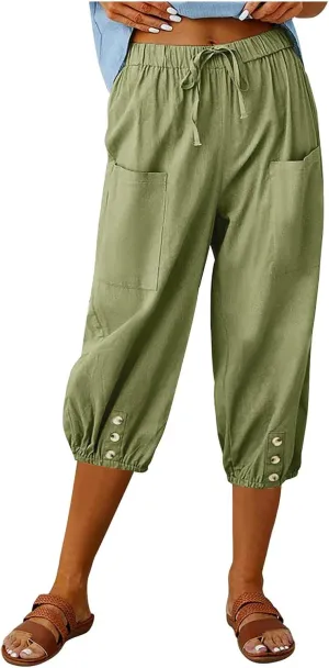 PTOLOCIF Linen Pants for Women,Lightweight Boho Pants Drawstring Elastic Waist Pants High Waisted Beach Palazzo Pants