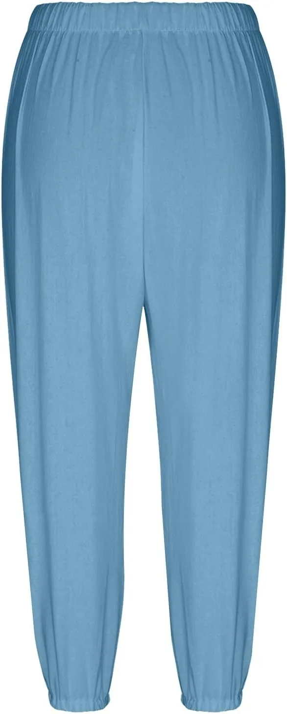 PTOLOCIF Linen Pants for Women,Lightweight Boho Pants Drawstring Elastic Waist Pants High Waisted Beach Palazzo Pants
