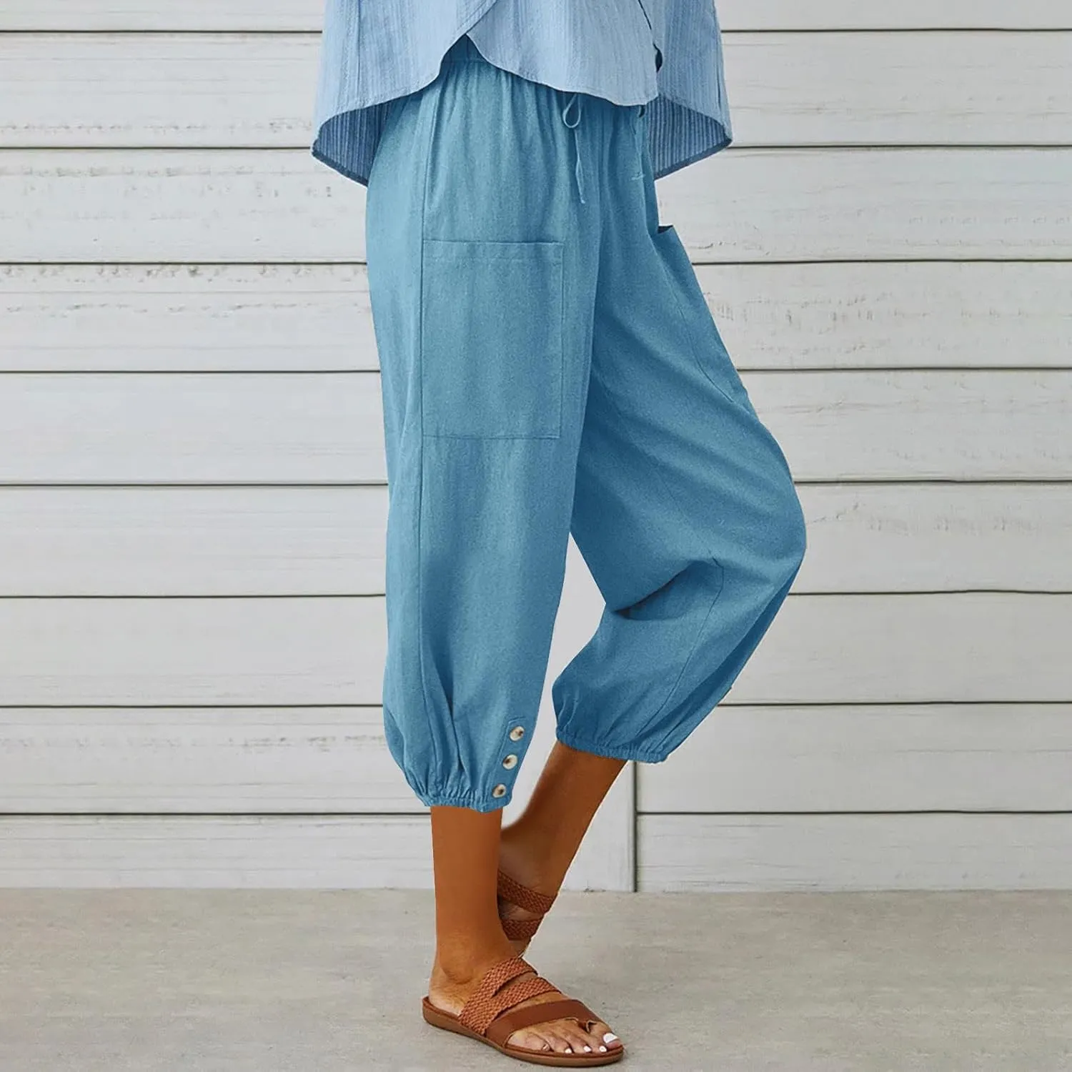 PTOLOCIF Linen Pants for Women,Lightweight Boho Pants Drawstring Elastic Waist Pants High Waisted Beach Palazzo Pants
