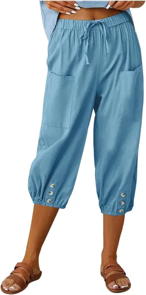 PTOLOCIF Linen Pants for Women,Lightweight Boho Pants Drawstring Elastic Waist Pants High Waisted Beach Palazzo Pants